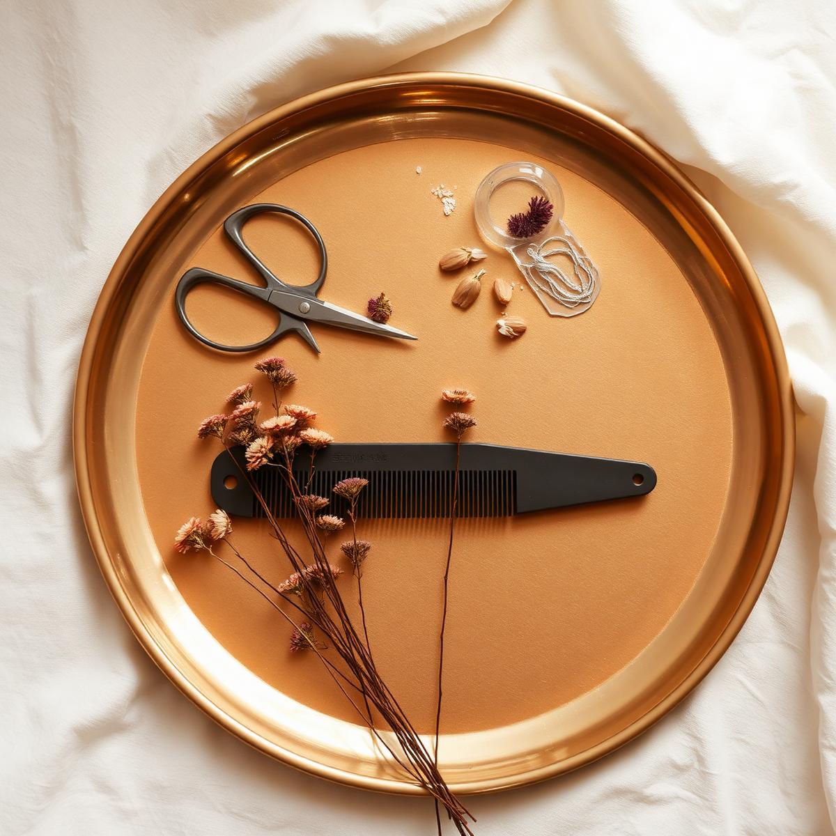 Brass tray with scissors and dried flowers