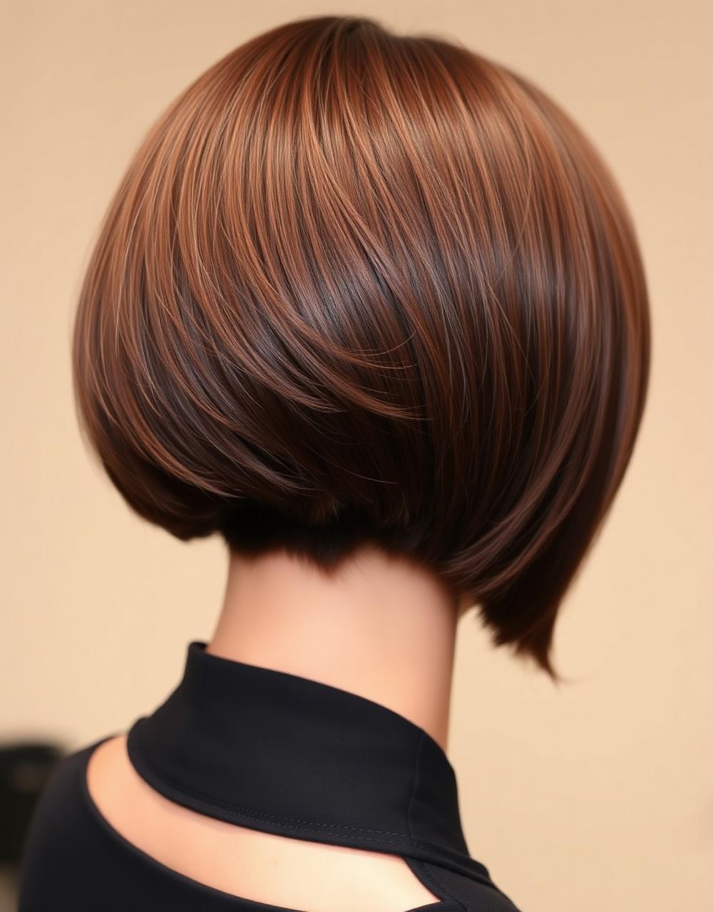 Stacked auburn bob, back view