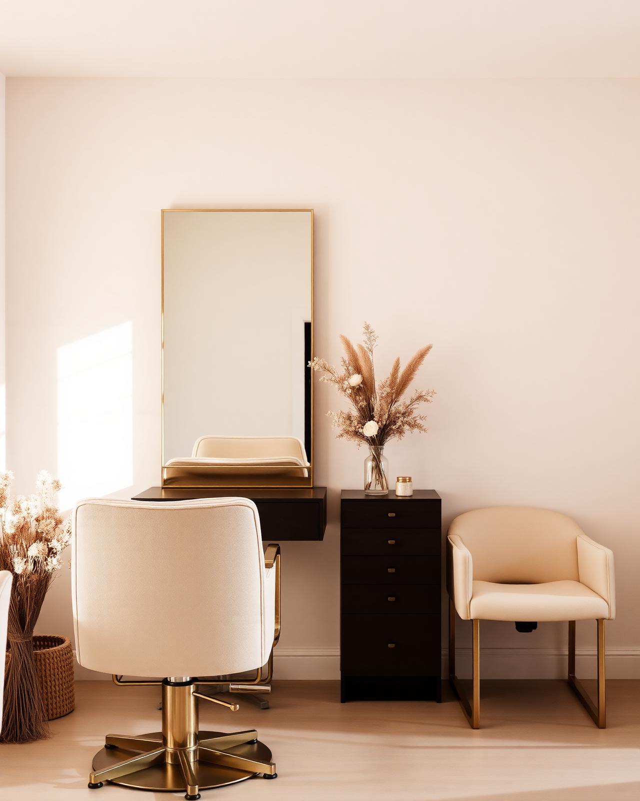 Cream styling chair and brass mirror inside Andy’s Hair